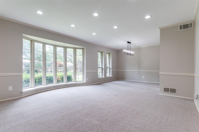 4023 Candlenut Ln, Dallas, TX 75244 - spare room featuring crown molding, carpet, a chandelier, baseboards, and recessed lighting