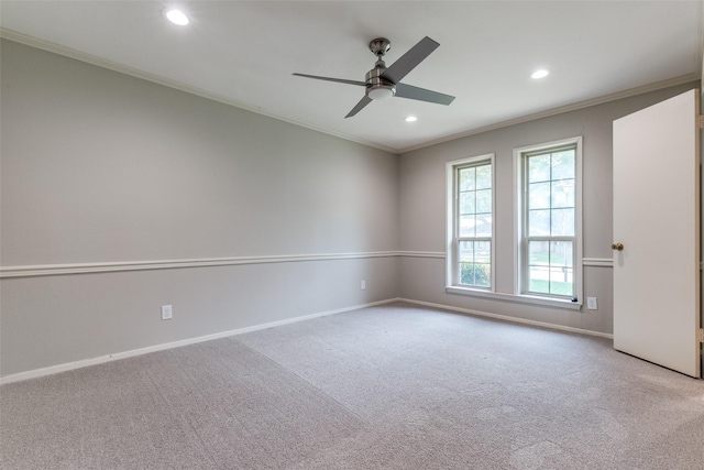 4023 Candlenut Ln, Dallas, TX 75244 - carpeted empty room with crown molding, recessed lighting, baseboards, and ceiling fan