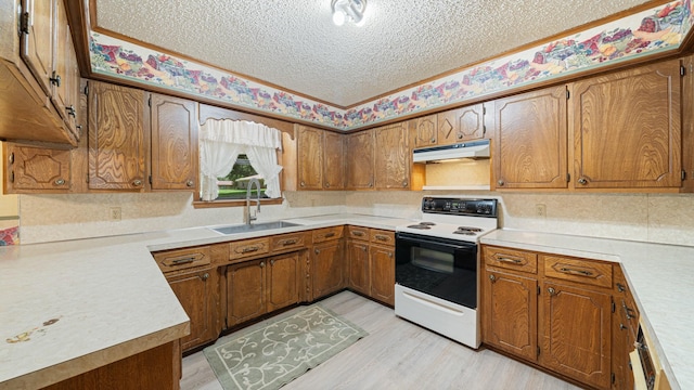 1015 Monte Carlo Dr, Grand Saline, TX 75140 - kitchen featuring electric range oven, under cabinet range hood, a textured ceiling, a sink, and brown cabinets