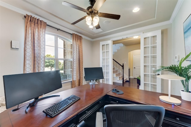 917 Navasota Trl, Mckinney, TX 75071 - office with arched walkways, a ceiling fan, french doors, and crown molding