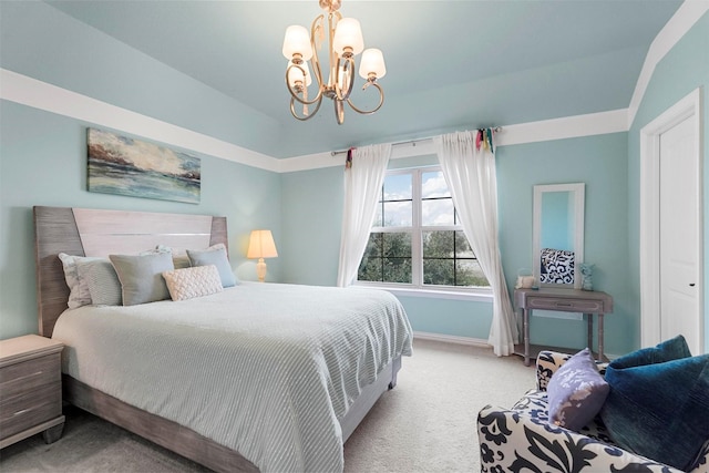 917 Navasota Trl, Mckinney, TX 75071 - carpeted bedroom featuring a chandelier, baseboards, and vaulted ceiling