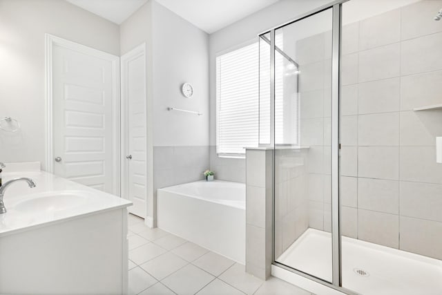 15717 Preble Rd, Fort Worth, TX 76177 - full bath featuring a bath, a stall shower, tile patterned floors, and double vanity
