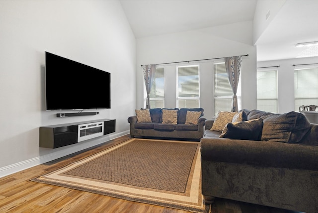 15717 Preble Rd, Fort Worth, TX 76177 - living room with wood finished floors, baseboards, and high vaulted ceiling