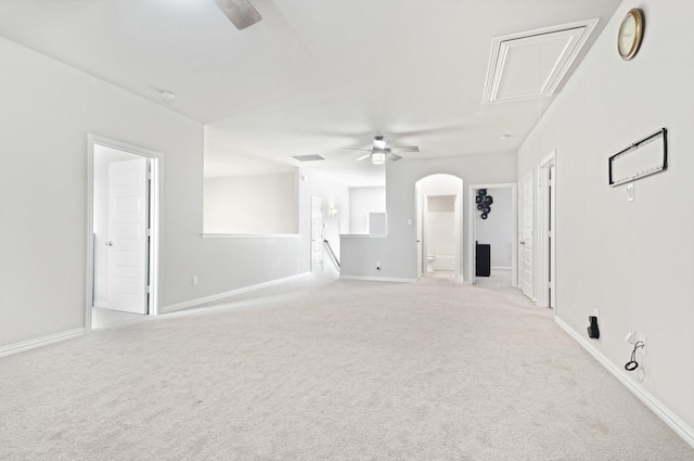 15717 Preble Rd, Fort Worth, TX 76177 - empty room with attic access, light carpet, a ceiling fan, and baseboards