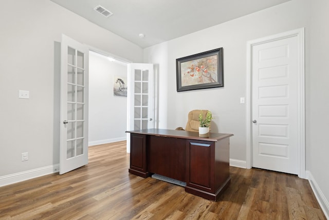 15717 Preble Rd, Fort Worth, TX 76177 - home office with french doors, dark wood-type flooring, and baseboards