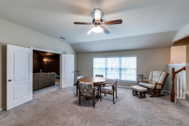 1616 Teakwood Dr, Wylie, TX 75098 - dining room with vaulted ceiling, carpet floors, a ceiling fan, and baseboards