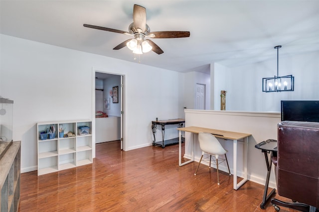141 Stonegate Ct, Bedford, TX 76022 - kitchen with ceiling fan, wood finished floors, a chandelier, and baseboards