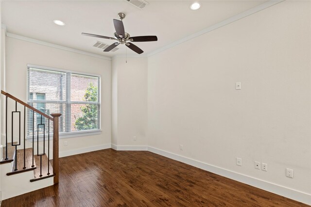 5909 Ross Ave Unit 2, Dallas, TX 75206 - empty room with baseboards, crown molding, ceiling fan, dark wood-style flooring, and recessed lighting