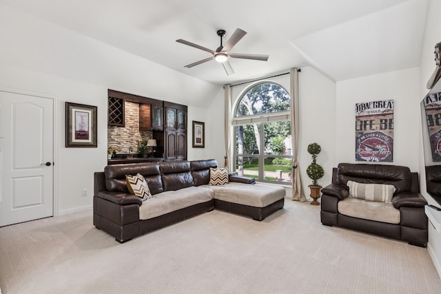 1117 Charleston Ct, Keller, TX 76248 - carpeted living area featuring a ceiling fan, lofted ceiling, and baseboards