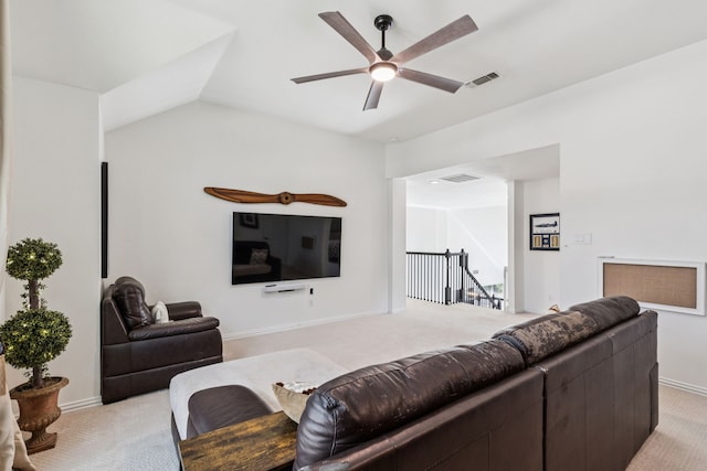 1117 Charleston Ct, Keller, TX 76248 - living room featuring light colored carpet, ceiling fan, vaulted ceiling, and baseboards