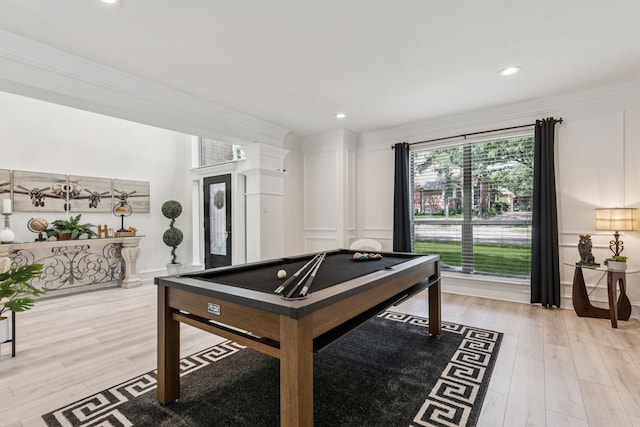 1117 Charleston Ct, Keller, TX 76248 - playroom featuring pool table, crown molding, wood finished floors, a decorative wall, and recessed lighting