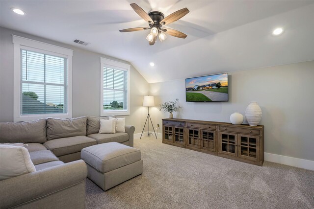 36 Mirror Lakes Ct, Gunter, TX 75058 - living room with ceiling fan, carpet floors, baseboards, recessed lighting, and lofted ceiling