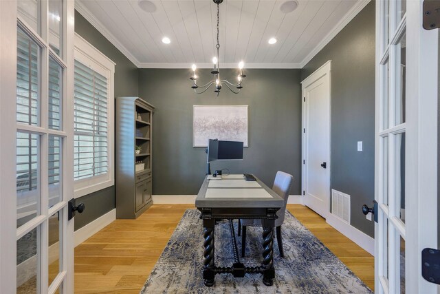 36 Mirror Lakes Ct, Gunter, TX 75058 - office featuring french doors, ornamental molding, a chandelier, light wood-style flooring, and recessed lighting