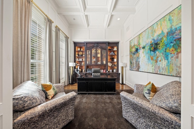 504 Bristol Dr, Allen, TX 75013 - home office featuring coffered ceiling, beam ceiling, dark wood-style floors, and ornamental molding