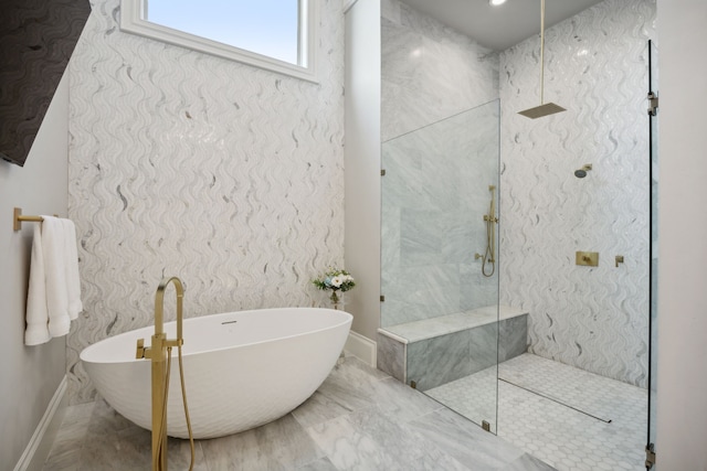 504 Bristol Dr, Allen, TX 75013 - bathroom featuring marble finish floors, a marble finish shower, baseboards, and a soaking tub