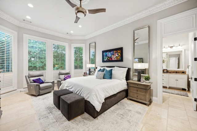 504 Bristol Dr, Allen, TX 75013 - bedroom featuring crown molding, recessed lighting, baseboards, ensuite bathroom, and ceiling fan