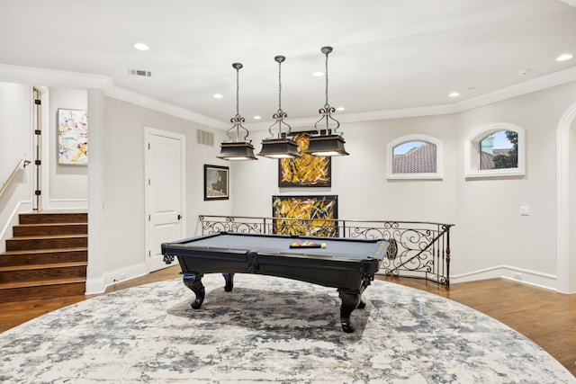 504 Bristol Dr, Allen, TX 75013 - rec room with wood finished floors, baseboards, recessed lighting, crown molding, and billiards