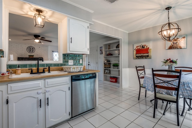 1434 Southland St, Sulphur Springs, TX 75482 - kitchen featuring dishwasher, a chandelier, white cabinets, ceiling fan, and hanging light fixtures
