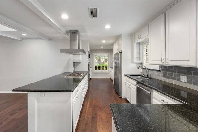 4517 Cloudview Rd, Fort Worth, TX 76109 - kitchen featuring appliances with stainless steel finishes, a sink, wall chimney range hood, decorative backsplash, and dark wood-style flooring