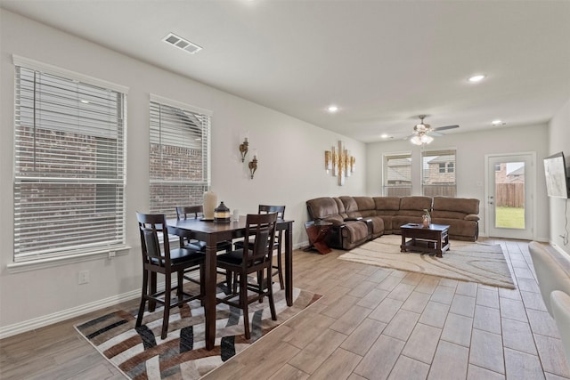 620 Ruthye Ln, Pilot Point, TX 76258 - dining room with light wood finished floors, ceiling fan, baseboards, and recessed lighting
