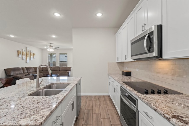 620 Ruthye Ln, Pilot Point, TX 76258 - kitchen with appliances with stainless steel finishes, a sink, open floor plan, light wood-type flooring, and recessed lighting