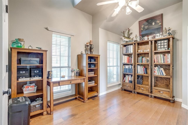 3809 Timbercrest Dr W, Burleson, TX 76028 - office area with a ceiling fan, wood finished floors, baseboards, and vaulted ceiling