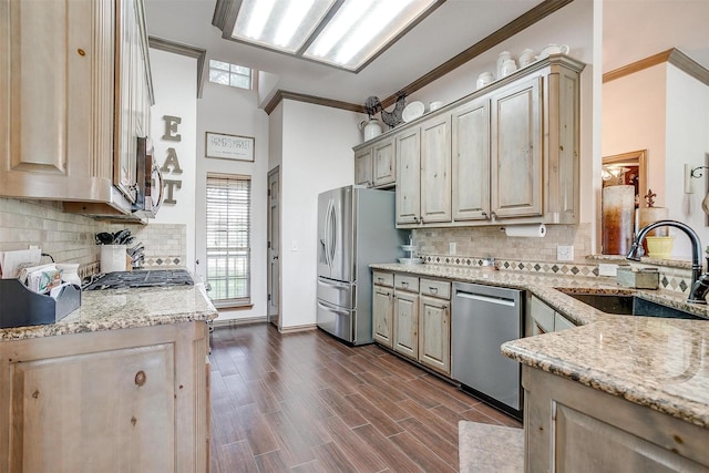 3809 Timbercrest Dr W, Burleson, TX 76028 - kitchen with stainless steel appliances, a sink, ornamental molding, light stone countertops, and decorative backsplash