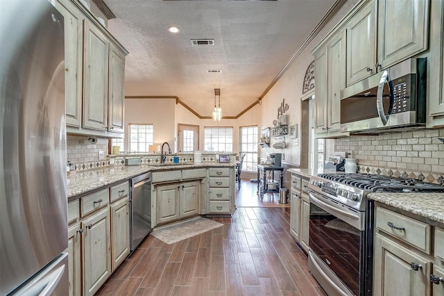 3809 Timbercrest Dr W, Burleson, TX 76028 - kitchen featuring stainless steel appliances, a peninsula, a sink, crown molding, and a textured ceiling
