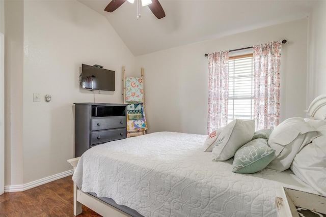 3809 Timbercrest Dr W, Burleson, TX 76028 - bedroom featuring vaulted ceiling, dark wood-style flooring, baseboards, and ceiling fan