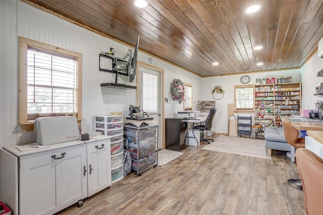3809 Timbercrest Dr W, Burleson, TX 76028 - office space with wooden ceiling, light wood finished floors, recessed lighting, and crown molding