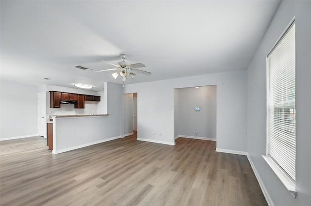 4811 Pachuca Ct, Dallas, TX 75236 - unfurnished living room with light wood-style flooring, baseboards, and ceiling fan