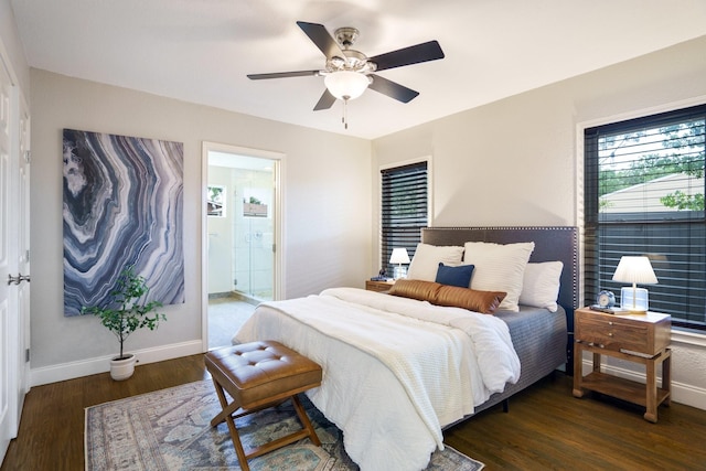 4731 Wateka Dr, Dallas, TX 75209 - bedroom featuring baseboards, wood finished floors, a ceiling fan, and ensuite bathroom