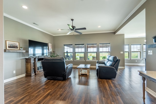 2503 Hollon Dr, Caddo Mills, TX 75135 - living area featuring baseboards, dark wood finished floors, a ceiling fan, recessed lighting, and ornamental molding