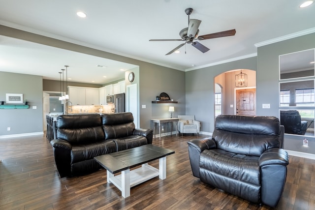 2503 Hollon Dr, Caddo Mills, TX 75135 - living room with arched walkways, ceiling fan, baseboards, recessed lighting, and plenty of natural light