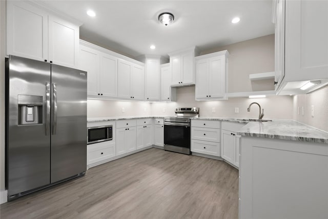 220 E 7th St, Weatherford, TX 76086 - kitchen with stainless steel appliances, a sink, light wood finished floors, white cabinets, and recessed lighting
