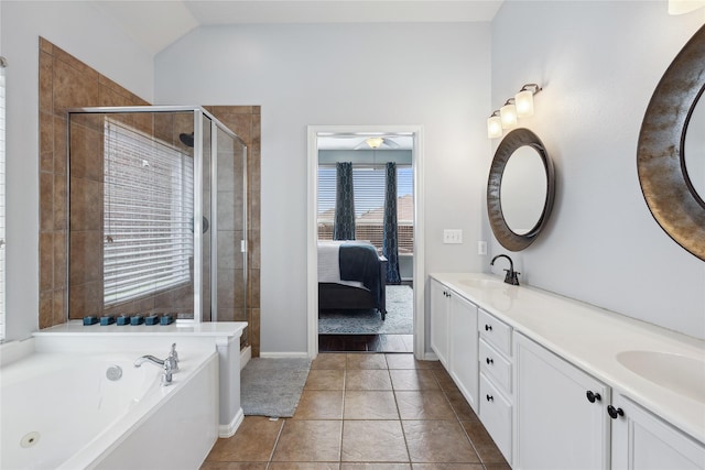 2800 Cedar Ridge Ln, Fort Worth, TX 76177 - ensuite bathroom featuring double vanity, a stall shower, a tub with jets, tile patterned floors, and lofted ceiling
