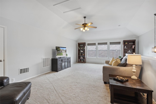 2800 Cedar Ridge Ln, Fort Worth, TX 76177 - living room featuring lofted ceiling, ceiling fan, carpet floors, attic access, and baseboards