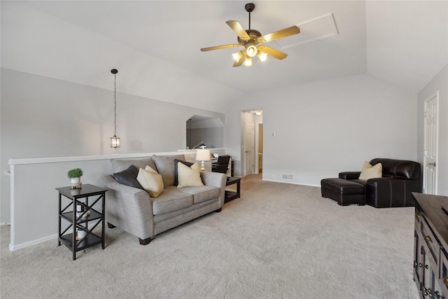 2800 Cedar Ridge Ln, Fort Worth, TX 76177 - living area featuring ceiling fan, carpet floors, vaulted ceiling, arched walkways, and baseboards