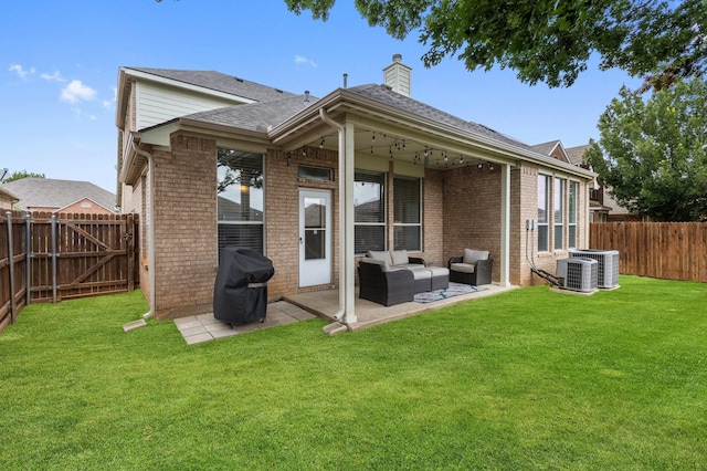 2800 Cedar Ridge Ln, Fort Worth, TX 76177 - rear view of property featuring brick siding, a chimney, central AC, and a patio