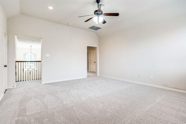 14669 Foxbriar Ln, Frisco, TX 75035 - spare room with a ceiling fan, vaulted ceiling, baseboards, carpet floors, and recessed lighting