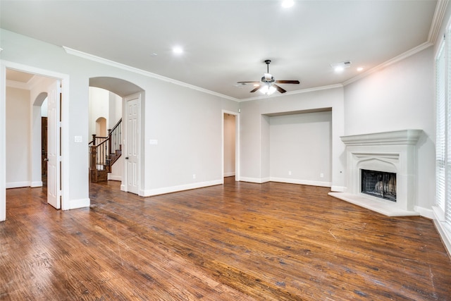 14669 Foxbriar Ln, Frisco, TX 75035 - unfurnished living room featuring a ceiling fan, wood finished floors, crown molding, baseboards, and stairs