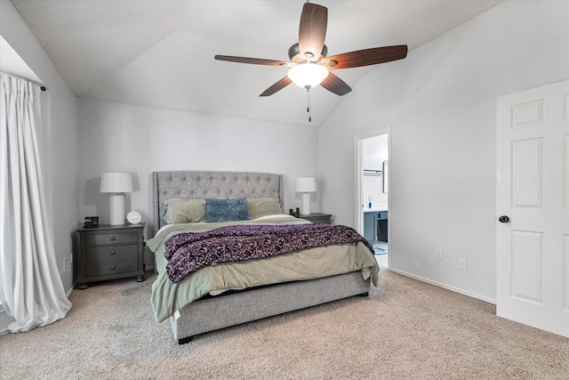 736 Fawn Valley Dr, Allen, TX 75002 - carpeted bedroom with vaulted ceiling, connected bathroom, and ceiling fan