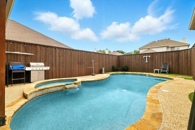 736 Fawn Valley Dr, Allen, TX 75002 - view of pool with a grill, a pool with connected hot tub, and a fenced backyard