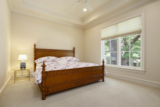 2905 Amherst Ave, University Park, TX 75225 - carpeted bedroom featuring ornamental molding, a raised ceiling, ceiling fan, baseboards, and recessed lighting