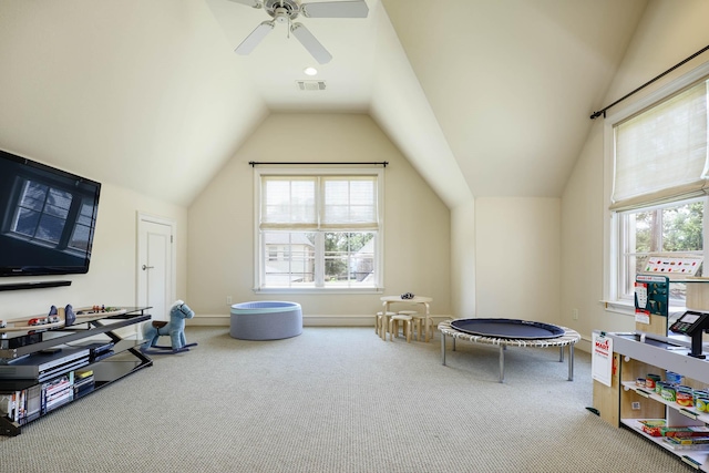 2905 Amherst Ave, University Park, TX 75225 - rec room featuring vaulted ceiling, carpet floors, ceiling fan, and baseboards