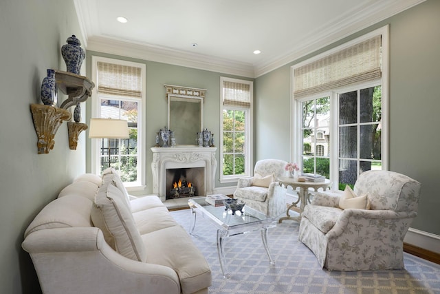 2905 Amherst Ave, University Park, TX 75225 - living room featuring a warm lit fireplace, ornamental molding, wood finished floors, baseboards, and recessed lighting