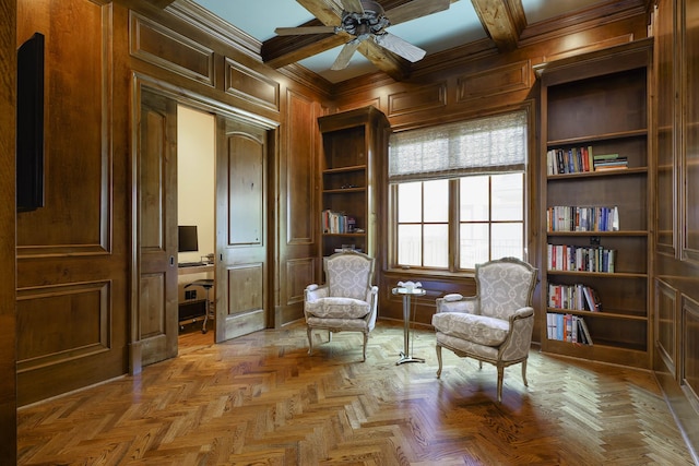 2905 Amherst Ave, University Park, TX 75225 - sitting room featuring a decorative wall, ceiling fan, crown molding, beamed ceiling, and coffered ceiling