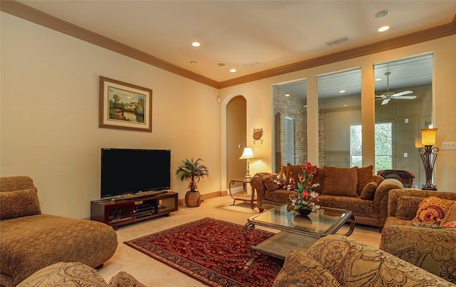 1420 Kensington Ct, Southlake, TX 76092 - living room featuring arched walkways, ceiling fan, ornamental molding, carpet, and recessed lighting