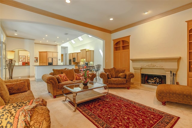 1420 Kensington Ct, Southlake, TX 76092 - living room with arched walkways, ornamental molding, recessed lighting, light carpet, and a fireplace with raised hearth