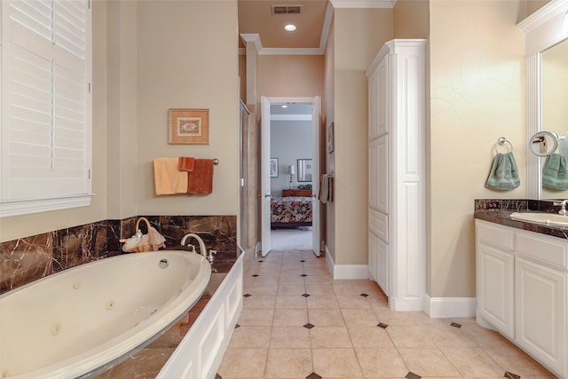 1420 Kensington Ct, Southlake, TX 76092 - full bathroom featuring a whirlpool tub, connected bathroom, vanity, ornamental molding, and tile patterned flooring